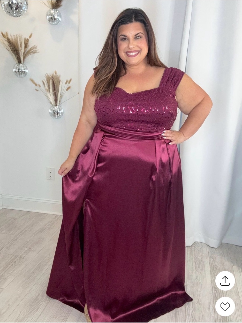 Plus Size Sequin Bodice Satin Skirt Dress - Wine